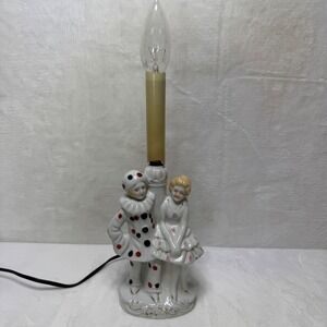 Vintage Porcelain Harlequin Clown & Girl Boudoir Lamp‎ MCM Hand Painted Japan